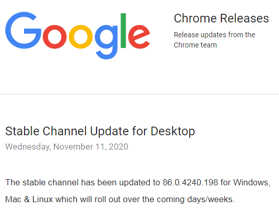 谷歌发布Chrome 86.0.4240.198修复零日漏洞