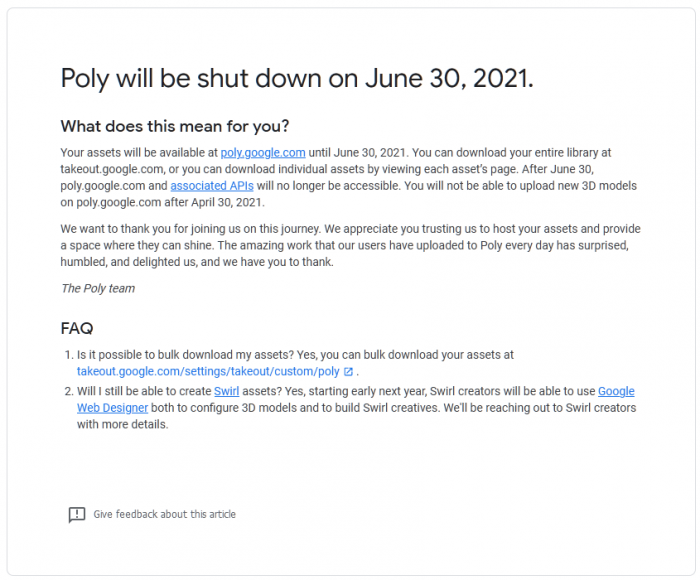 谷歌宣布将于明年6月30日永久关闭Google Poly