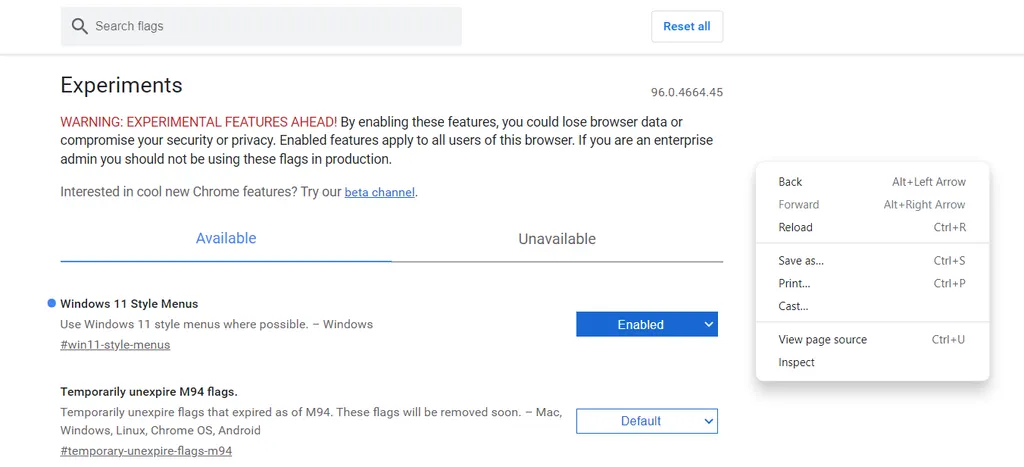 Chrome 96 实验 Flag：启用 Windows 11 风格的右键菜单