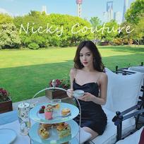 nicky宫廷风 2021新款黑色缎面钻扣链条吊带连衣裙女夏法式复古裙  