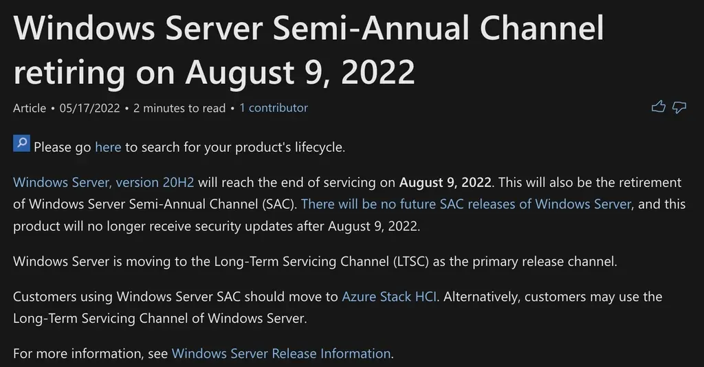 微软提醒Windows Server 20H2将于8月9日停止支持