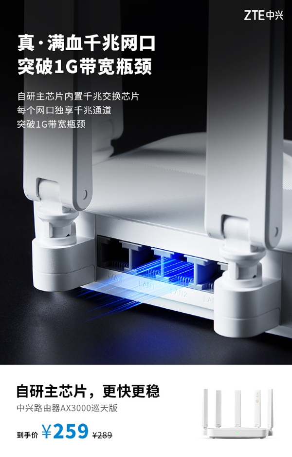 中兴路由器AX3000巡天版开售 首发259元