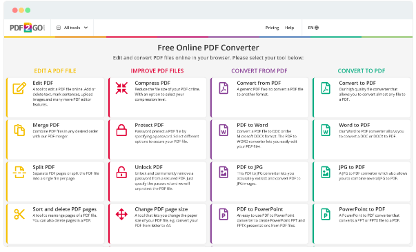 PDF2Go：在线PDF编辑转换器工具