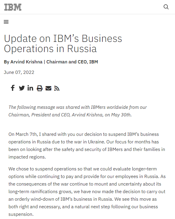 三月冻结业务运营后 IBM现已开始裁撤所有在俄员工