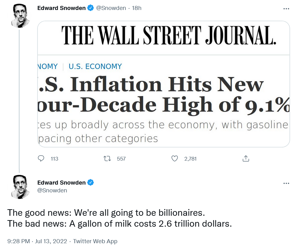 斯诺登讽刺美国通胀爆表：好消息，我们都将成为亿万富翁