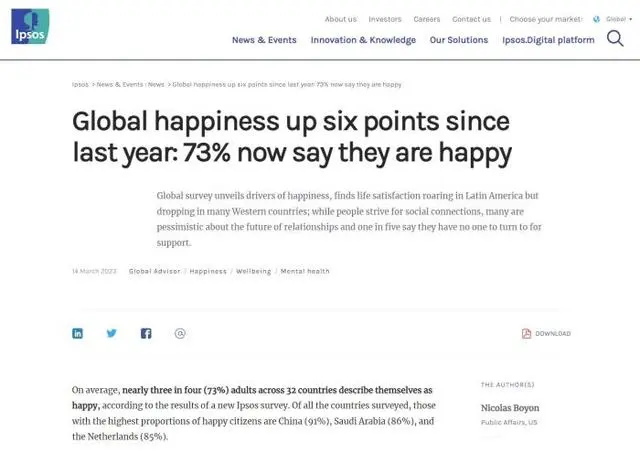 调查称中国幸福感全球最高 韩国垫底