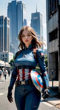 AI美女穿着未来感的美国队长战衣，蓝色配色