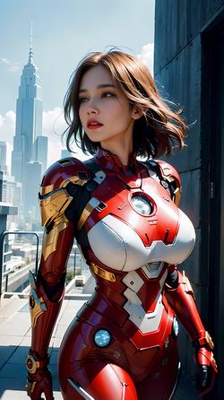 AI美女钢铁侠机甲未来城市背景