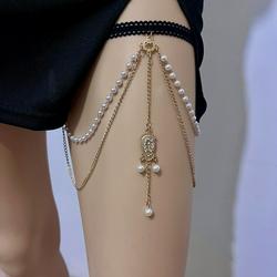 新尚手工饰品 欧美海滩弹力多层珍珠大腿链女 潮流水钻腿链流苏链条几何身体链