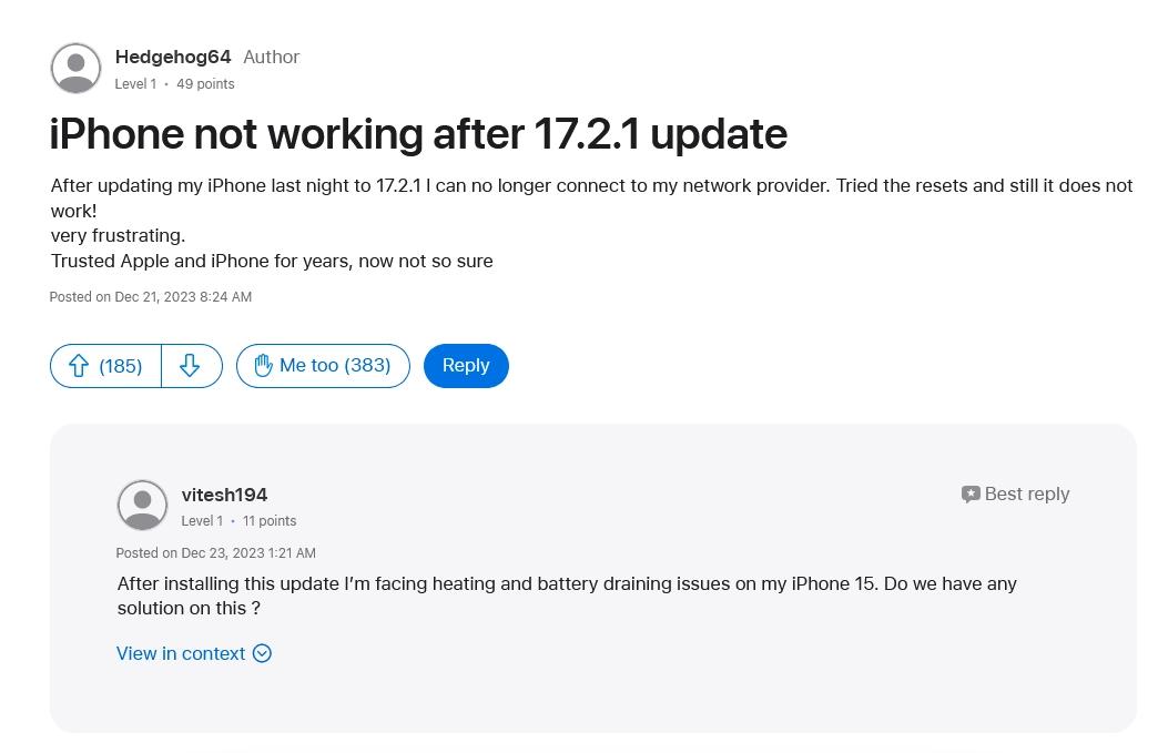 iOS17.2.1被曝无法接打电话
