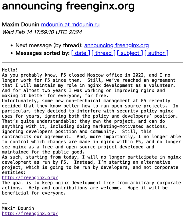 Web服务器Nginx“分叉”：核心开发者宣布创建FreeNginx