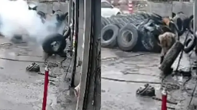 工人给轮胎充气时突发爆炸 人被崩飞