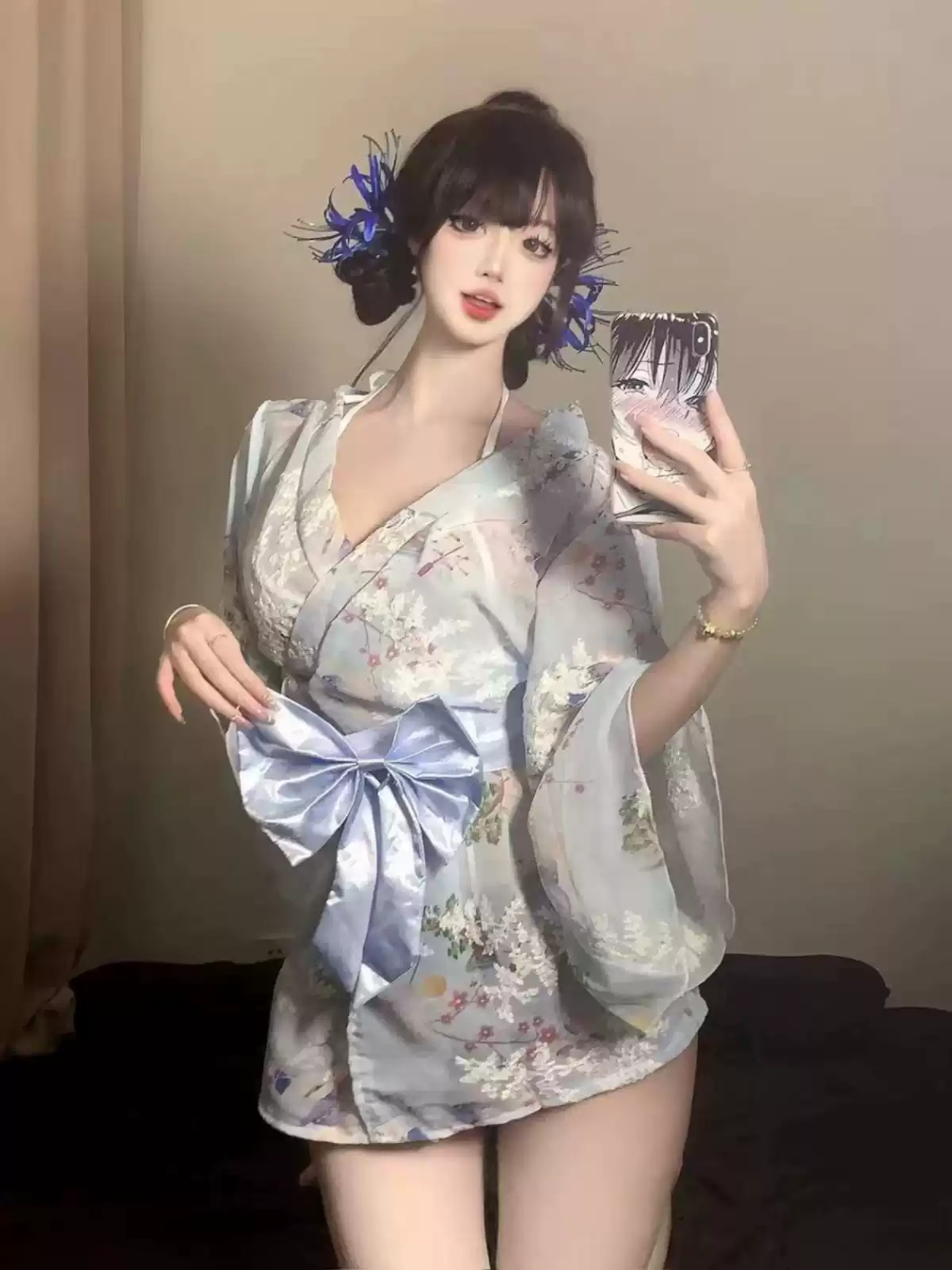 恶魔大人东京神明少女情趣甜美蝴蝶结性感印花和服浴袍纯欲睡袍裙-淘宝网