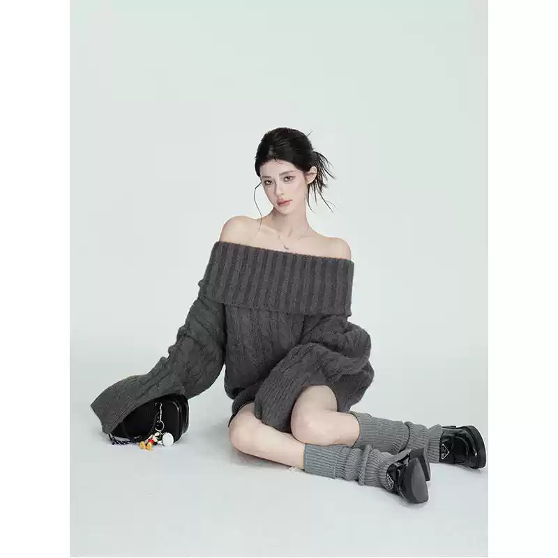 cchun纯子 软糯一字肩经典灰色高领毛衣女冬慵懒风宽松长袖上衣-淘宝网