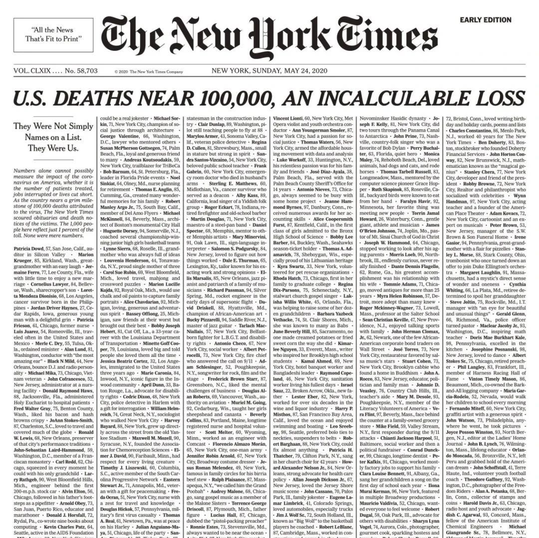 1000名新冠肺炎逝者，“铺满”《纽约时报》头版