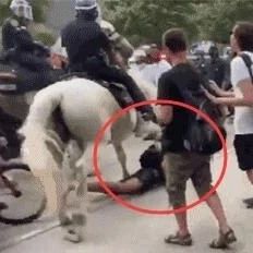 美国警察骑马踩踏女示威者，围观群众暴怒