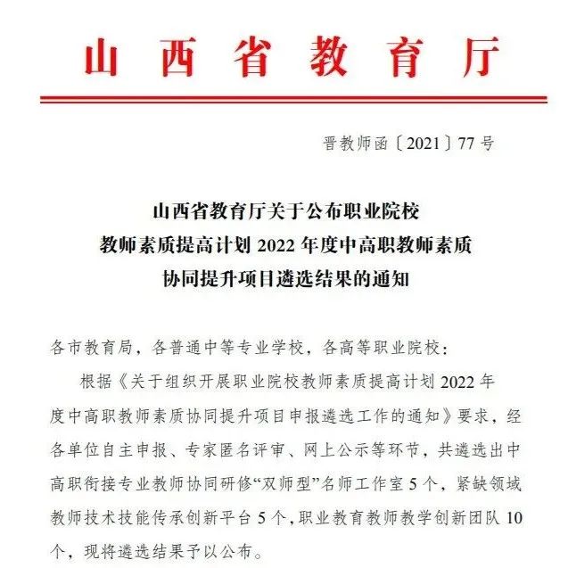 我校3个教师团队入选山西省教育厅2022年度职业院校教师素质提高计划中高职教师素质协同提升项目职业教育教师教学创新团队