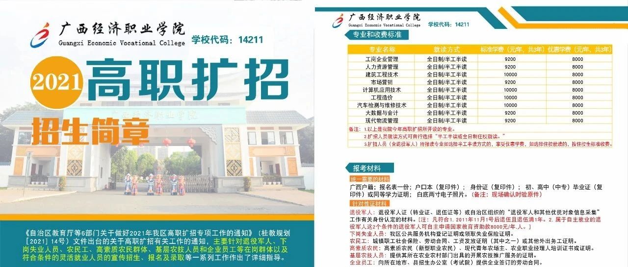 广西经济职业学院2021年高职扩招招生简章来了！