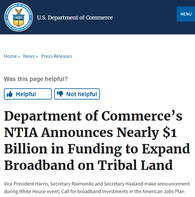 拜登政府将为改善美国部落地区宽带接入再拨款近10亿美元