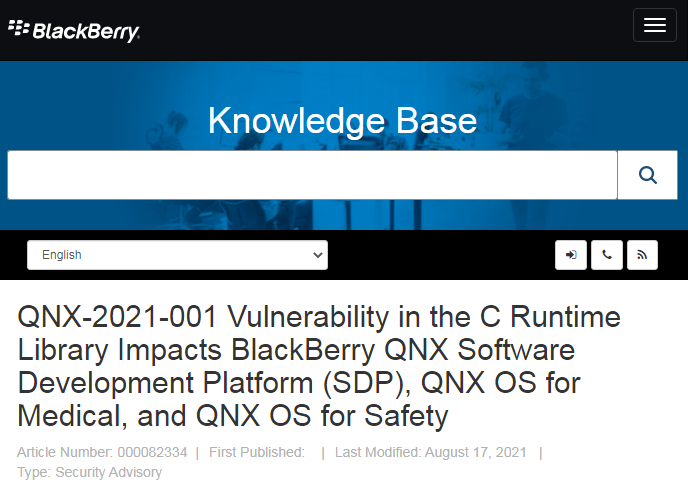拖延数月：黑莓终于修复了QNX操作系统的BadAlloc安全漏洞