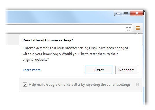 Chrome可在浏览器被劫持时提示“是否一键还原初始设置”