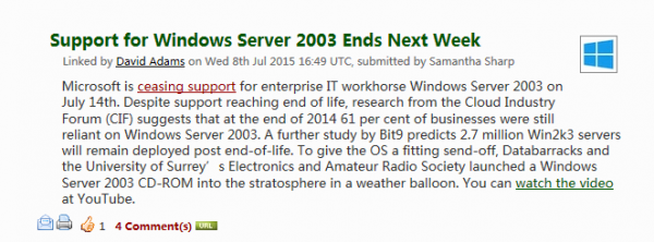 21%服务器运行Windows Server 2003，微软决定Windows 10上线前夕停止2003的技术支持