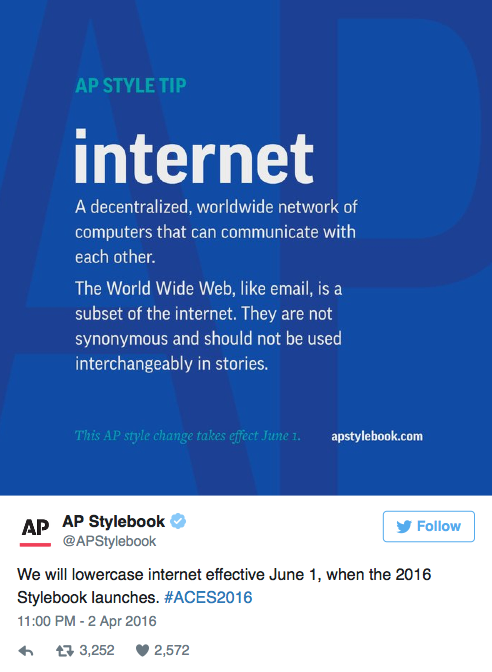 "Internet"不再是专属名词 美联社将全面启用小写