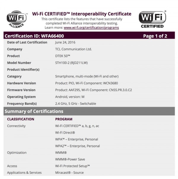 Wi-Fi联盟资料显示黑莓新机或为TCL贴牌 运行Android 6.0系统