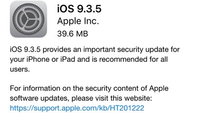 苹果发布iOS 9.3.5 严防iPhone间谍软件