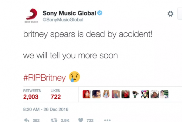 黑客夺取索尼音乐推特帐户 传播布兰妮斯皮尔斯死亡的假消息