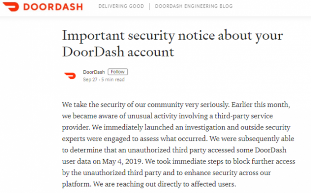 美国490万人受影响 外卖服务DoorDash数据泄露